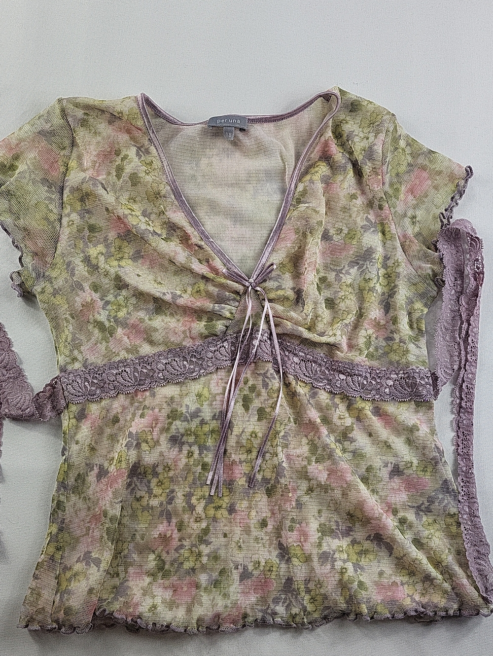 VTG Per Una Y2K Sheer Floral Mesh Top Lace Trim Tie Front Boho